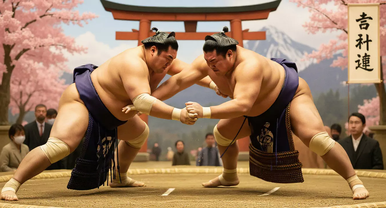 Dwóch zapaśników sumo walczy na tradycyjnym ringu, otoczonym kwitnącymi wiśniami i orientalnym łukiem. W tle widzowie obserwują pojedynek przy górskim krajobrazie.
