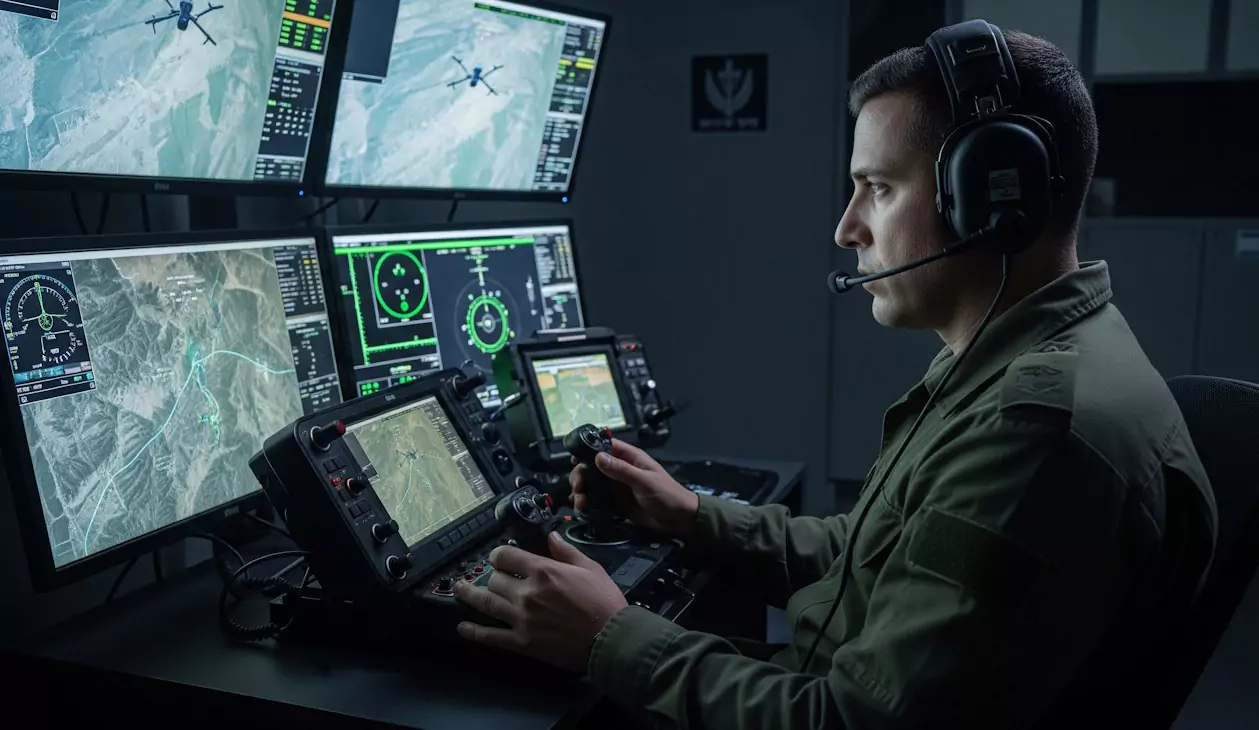 Operator w słuchawkach kontroluje drona za pomocą joysticka. Przed nim znajduje się zestaw monitorów pokazujących mapy terenu i dane lotu. Otoczenie sugeruje centrum dowodzenia.