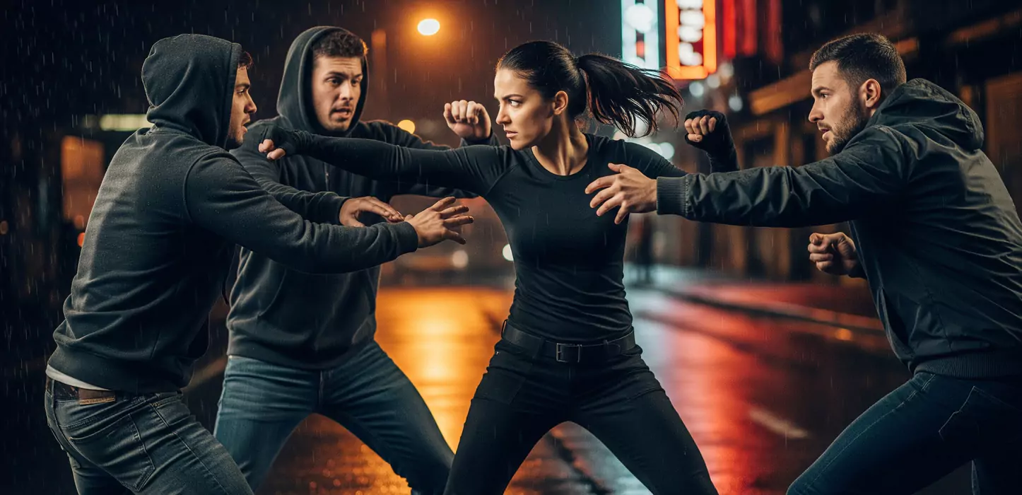 Kobieta w czarnym stroju broni się przed trzema mężczyznami w kapturach na mokrej ulicy nocą. W tle niewyraźne światła miasta.