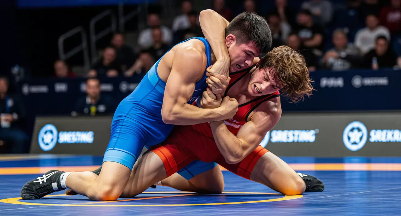 Dwóch zapaśników walczy na macie; jeden w niebieskim stroju, drugi w czerwonym. Otacza ich tłum widzów na zawodach zapaśniczych. W tle widoczne logo "SWEZING", "90" i "SKEATING".