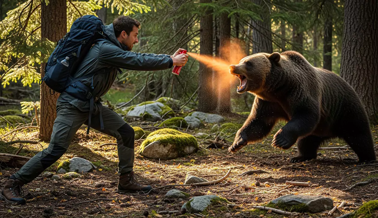 osoba broniąca się gazem przed niedźwiedziem