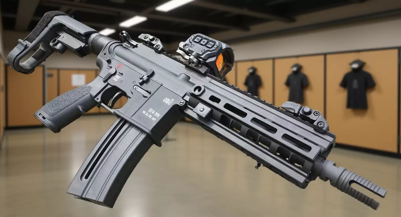 Broń leżąca na stole w strzelnicy, z widocznym celownikiem optycznym i napisem "HK416C Cal. 5.56 mm x 45". W tle wiszą tarcze z sylwetkami.