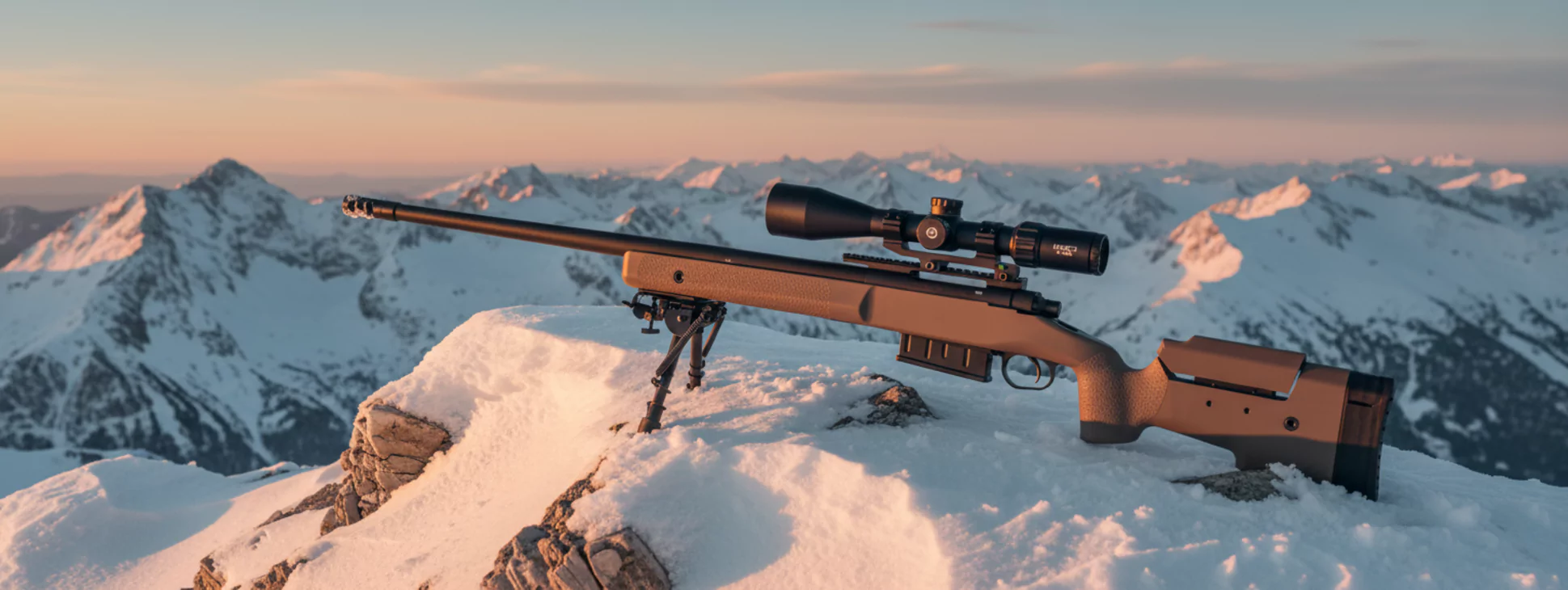 Karabin snajperski spoczywa na statywie w zimowym krajobrazie górskim, na pokrytym śniegiem szczycie, oświetlonym ciepłym światłem zachodzącego słońca.
