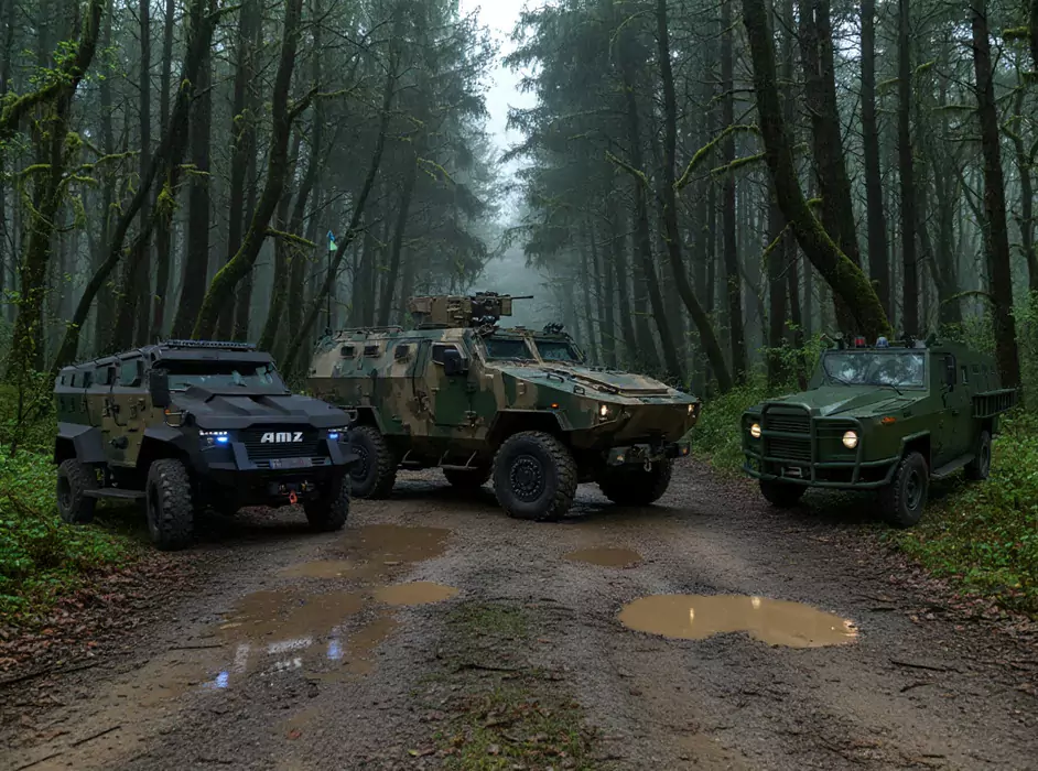 Pojazdy opancerzone stoją nieruchomo na błotnistej leśnej drodze otoczonej wysokimi drzewami. Pojazdy są w różnych kolorach kamuflażu. Na jednym widoczny napis: "AMZ".