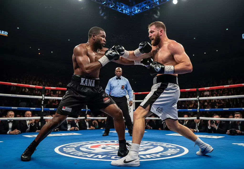 Dwóch bokserów wymienia ciosy na ringu. Jeden ma czarne szorty z napisem "KANA", drugi białe z czarnymi pasem. Sędzia obserwuje w tle. Ring otaczają widzowie.
