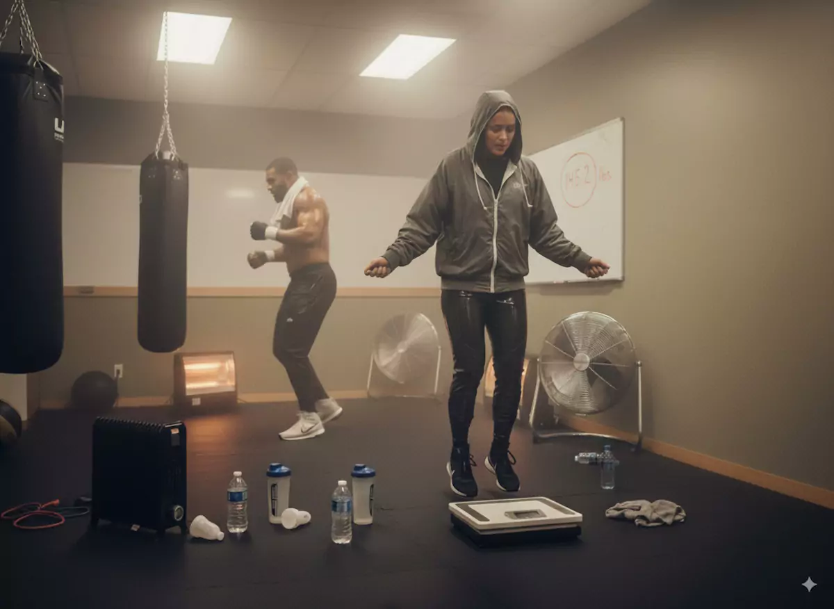 Osoba w szarej bluzie z kapturem skacze na skakance, a w tle mężczyzna uderza w worek treningowy. Pomieszczenie, mata, woda, białe tablice, wentylatory. Na tablicy napis: "145.2 lbs".