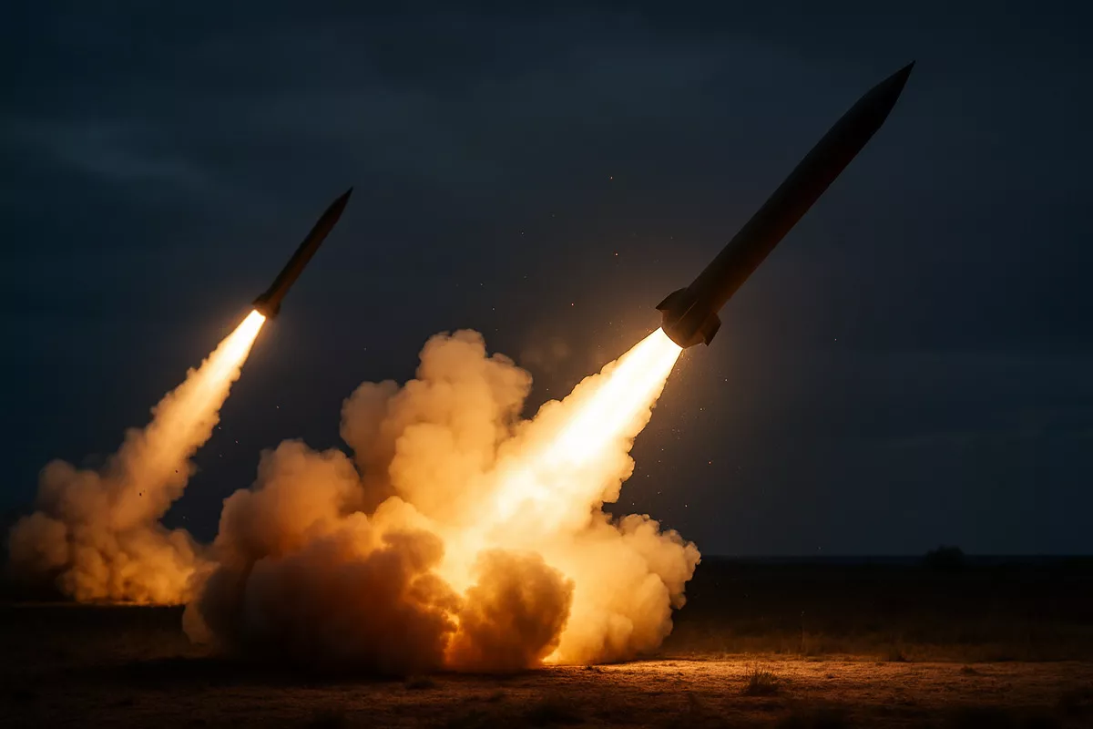 Rakiety unoszą się w powietrzu, wypuszczając płomienie i dym. W tle widoczne jest nocne, ciemne niebo.