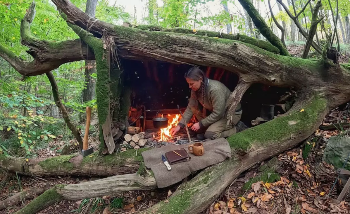Mężczyzna rozpala ognisko pod przewróconym drzewem w lesie. Obok siekiera, notatnik, kubek i nóż na porośniętym mchem pniu. Otoczenie to zielony, zalesiony teren.