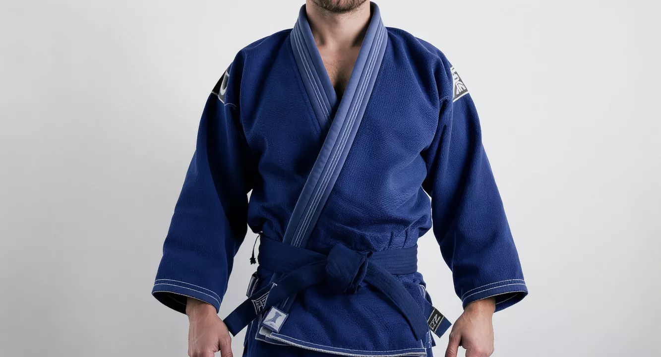 Osoba ubrana w niebieskie kimono stoi na białym tle. Jej dłonie są luźno opuszczone przy ciele. Na kimonie widać naszywki i czarny pas.