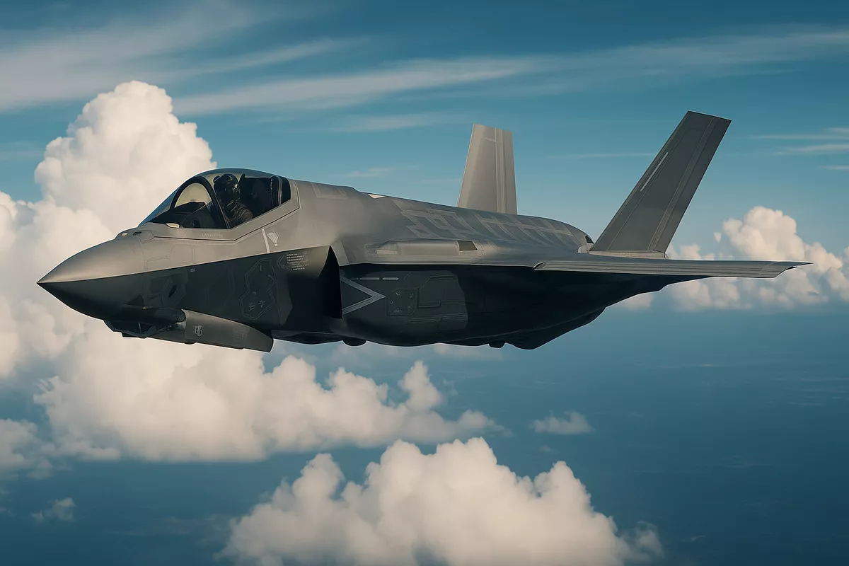 Myśliwiec wojskowy leci, przelatując przez niebo na dużej wysokości, otoczony białymi chmurami. Kabina pilota jest widoczna w zbliżeniu. Atmosfera jest spokojna, jasna.