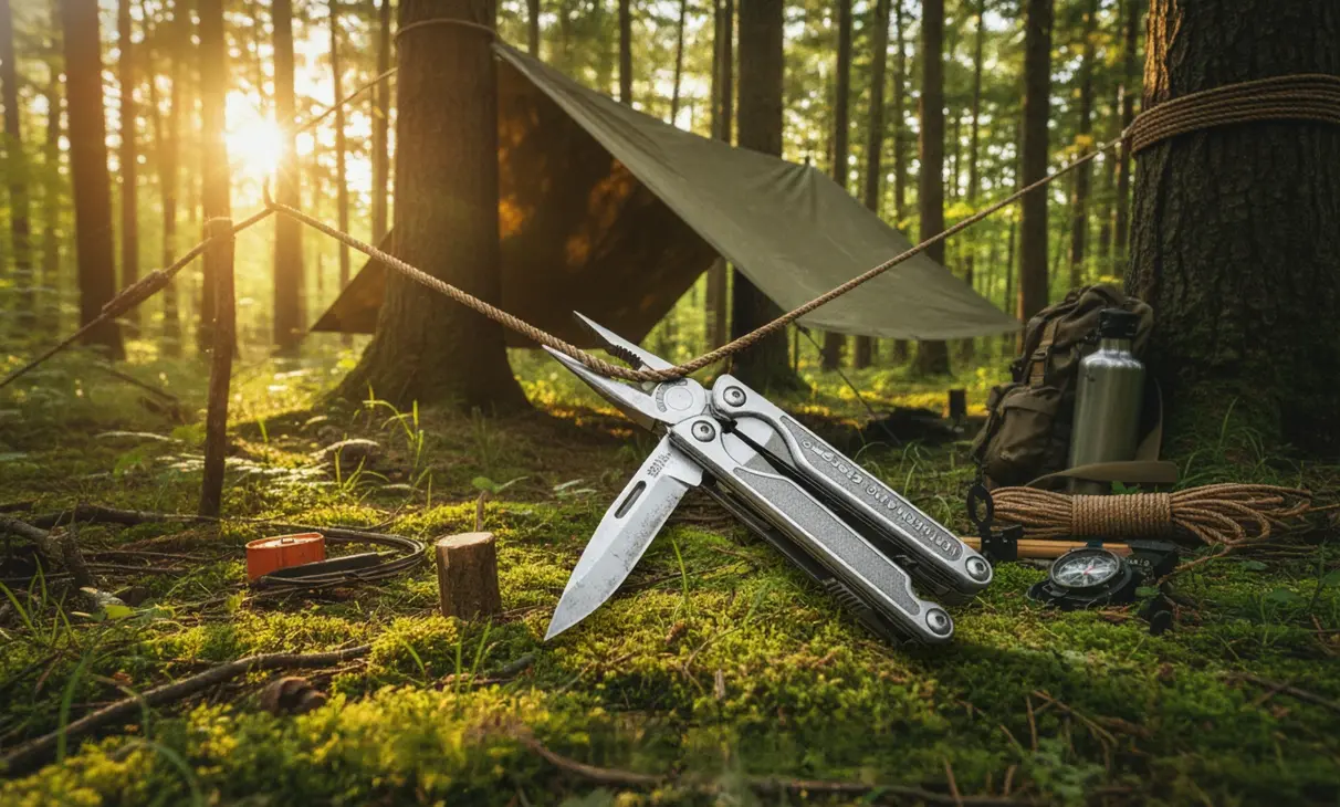 Multitool leży otwarty na ziemi, otoczony kompasem, liną i kanistrem, w lesie z namiotem w tle. Słońce świeci przez drzewa, tworząc spokojny nastrój.