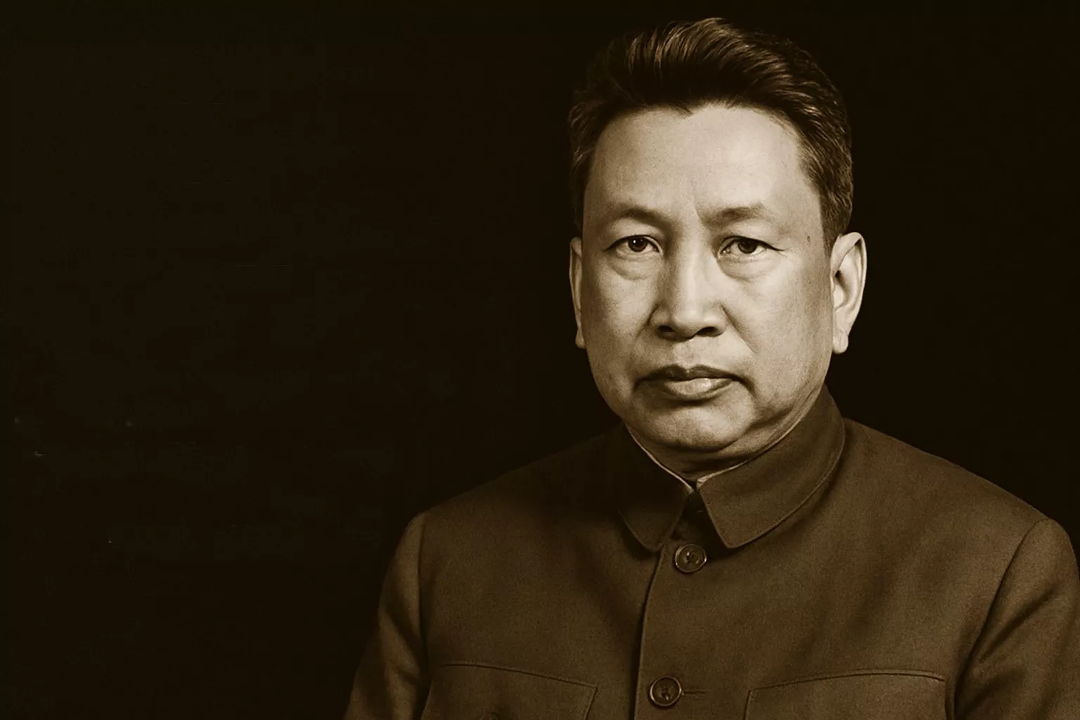 Mężczyzna w mundurze patrzy poważnie przed siebie. Tło jest jednolite i ciemne, co podkreśla jego postać i wyraz twarzy.