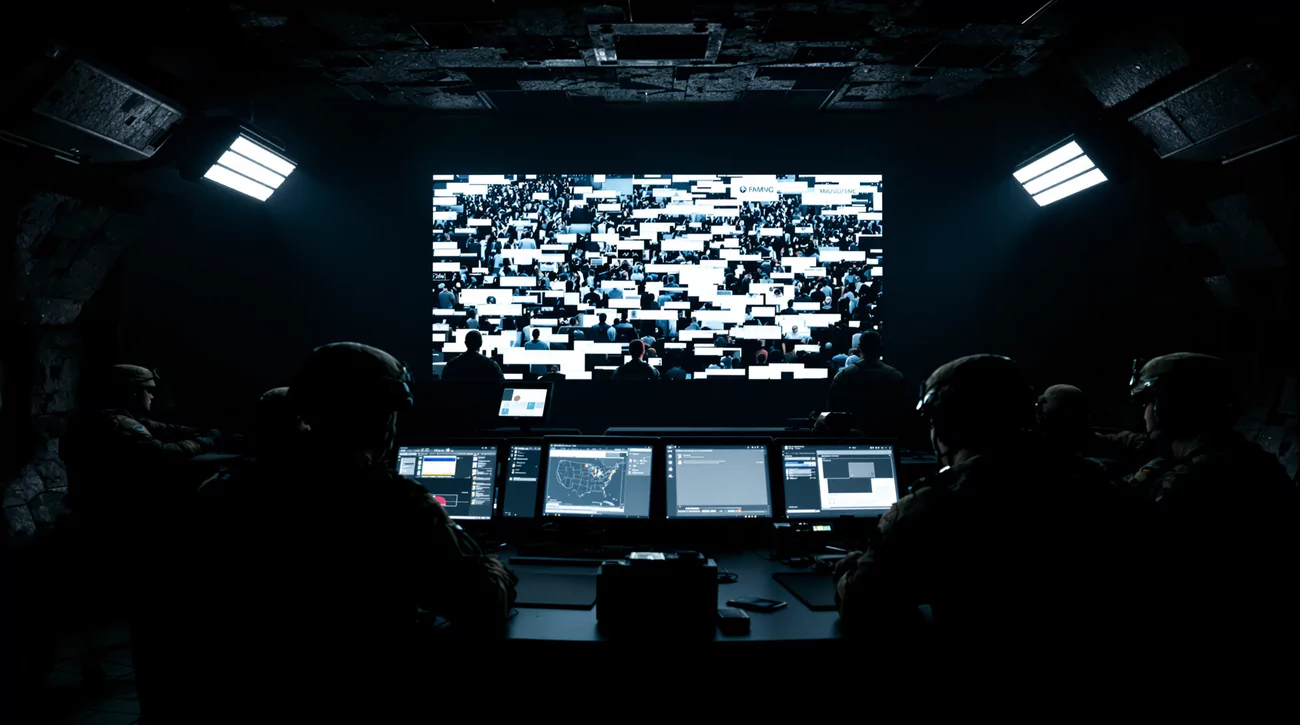 Osoby w ciemnej sali kontrolują informacje prezentowane na dużych ekranach, siedząc przy biurkach z komputerami. Na głównym ekranie widoczne są rozmaite obrazy złożone z płytek, a także napisy "FMWC" i "MACCYPC".