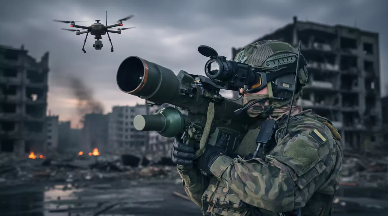 Żołnierz trzyma wyrzutnię rakiet, patrząc przez celownik, w zniszczonym, miejskim otoczeniu. W powietrzu unosi się dron, a w tle widać zniszczone budynki.