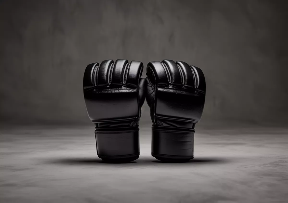 Czarne rękawice bokserskie stoją na matowej, szarej powierzchni, skierowane palcami w górę. Tło jest jednolite, w ciemnym odcieniu, podkreślając minimalistyczny styl kompozycji.