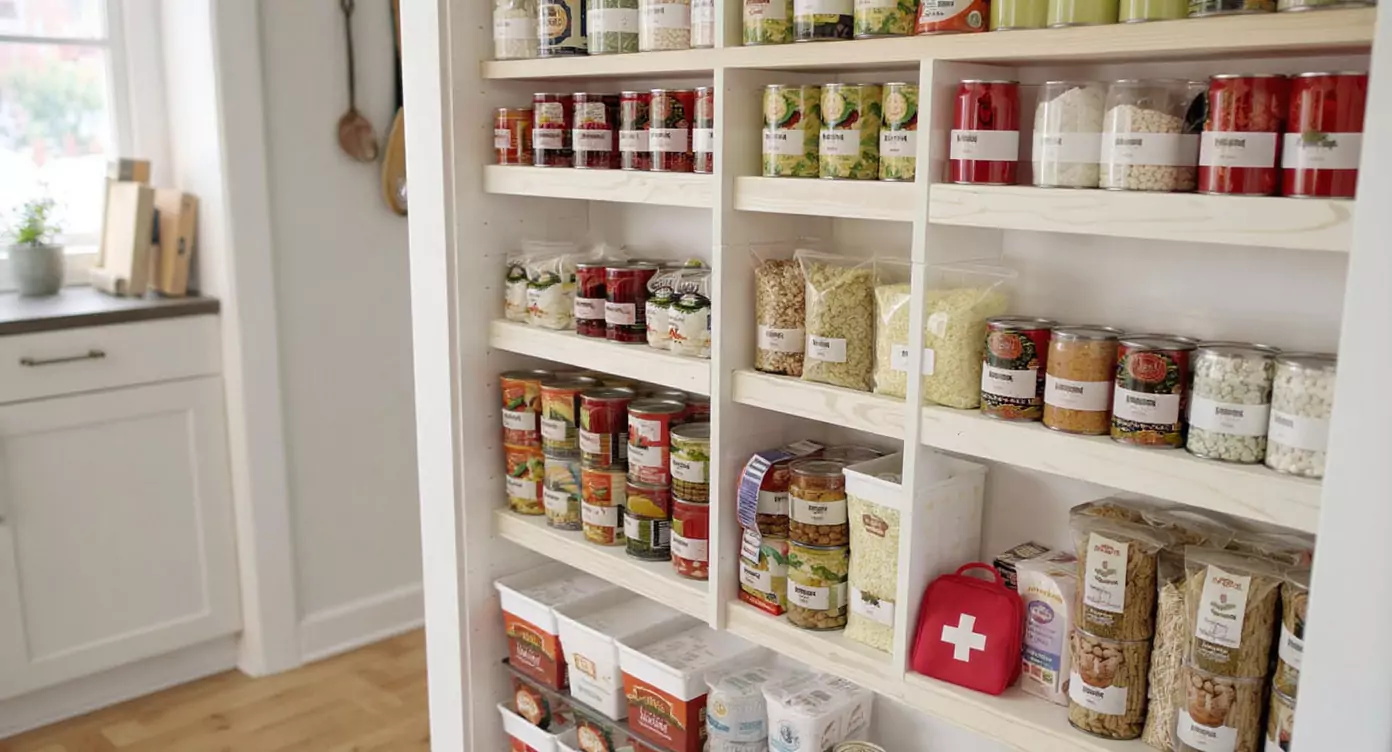 Półki spiżarni wypełnione puszkami, słoikami i opakowaniami z różnorodną żywnością. Obok leży czerwony zestaw ratunkowy z białym krzyżem. Spiżarnia znajduje się w jasnej kuchni.