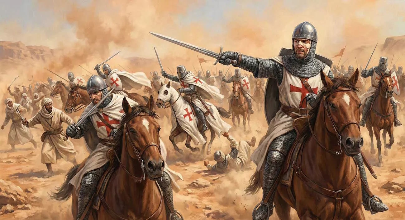 Rycerze na koniach atakują, trzymając miecze, na tle pustynnego krajobrazu. W tle widoczni są żołnierze w białych szatach z czerwonymi krzyżami.