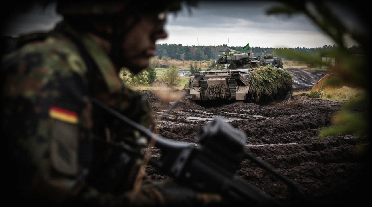 Czołg zakamuflowany roślinnością porusza się po błotnistym terenie. Na pierwszym planie rozmyty żołnierz w mundurze z niemiecką flagą, w tle las.