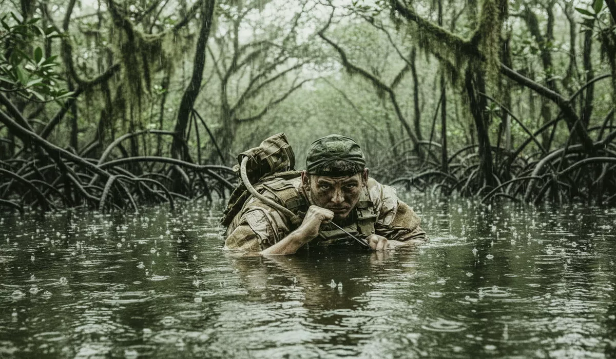 Mężczyzna w wojskowym ubraniu przedziera się przez płytką, deszczową wodę w gęstym lesie mangrowym, otoczony wijącymi się korzeniami drzew i wilgotnym, zielonym otoczeniem.