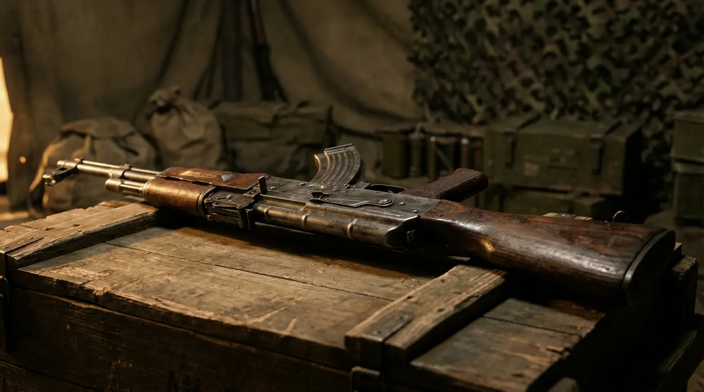 Karabin spoczywa na drewnianej skrzyni w pomieszczeniu o wojskowym charakterze, z workami i skrzyniami w tle. Broń ma drewniane elementy i metalowy magazynek.