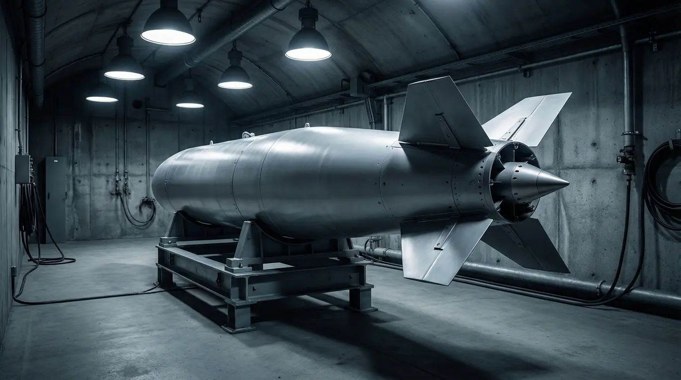 Duża metalowa bomba spoczywa na stojaku, nie podejmując żadnych działań, w surowym, betonowym pomieszczeniu z jasnym oświetleniem sufitowym. W tle widoczne są rury i przewody.