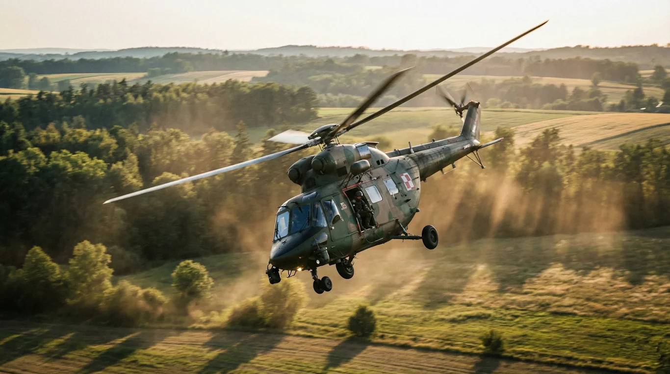 Helikopter wojskowy w niskim locie przelatuje nad zielonymi polami i lasami oświetlonymi zachodzącym słońcem, podnosząc tumany kurzu.