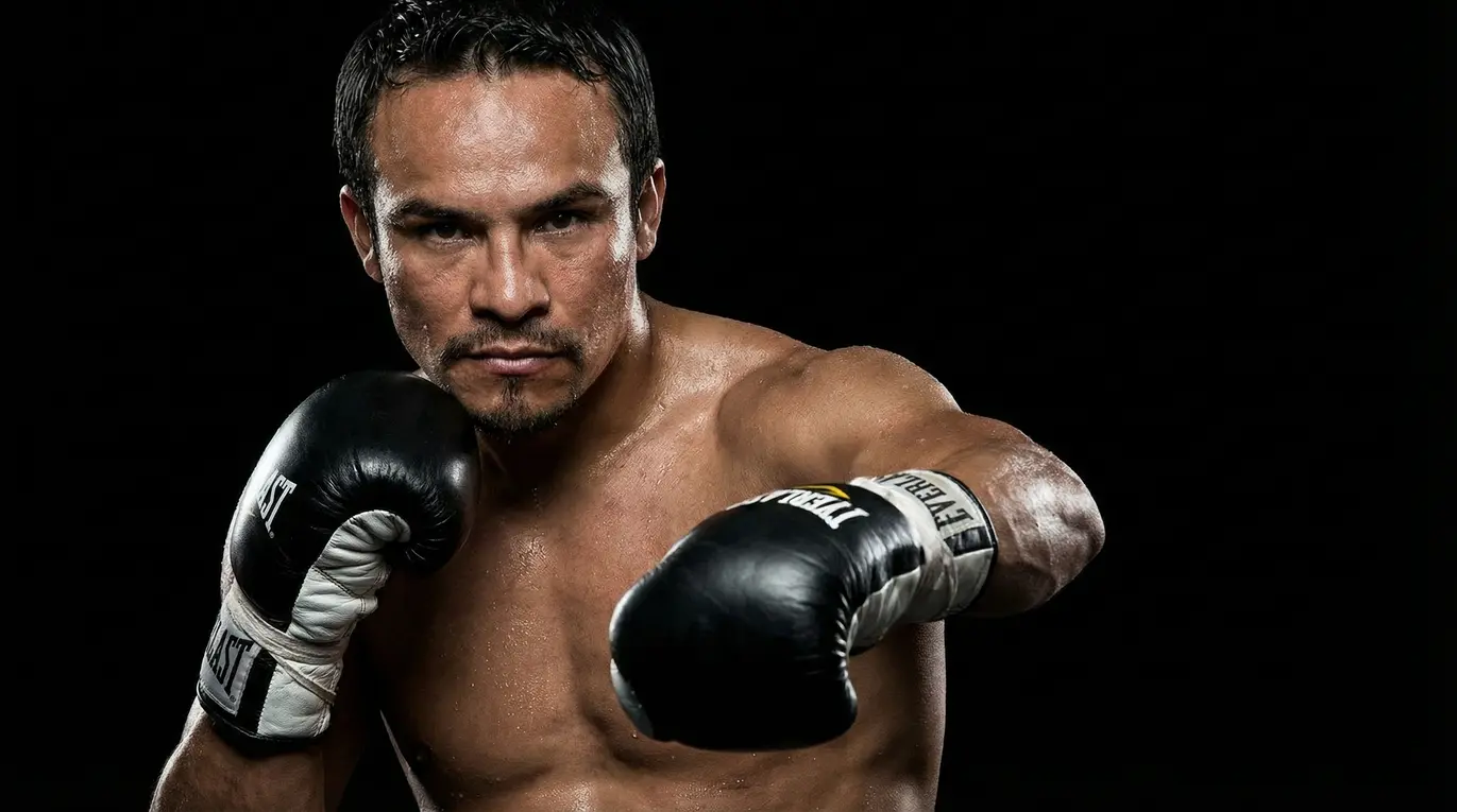 Bokser uderza pięścią w rękawicy Everlast. Ma napięte mięśnie, skoncentrowany wzrok. Czarny, neutralny tle podkreśla jego sylwetkę i determinację.