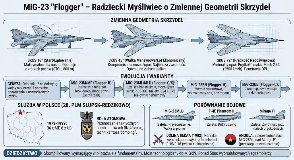 MiG-23 "Flogger" to radziecki myśliwiec o zmiennej geometrii skrzydeł. Grafika pokazuje trzy ustawienia skrzydeł: kąt 16° (start/lądowanie), 45° (walka/manewr), 72° (prędkość naddźwiękowa). Obszerne informacje o genezie, wariantach, służbie w Polsce, roli atomowej, porównaniu bojowym i dziedzictwie. Służba w Polsce trwała od 1979 do 1999 z 36 maszynami. Używany do przenoszenia bomb jądrowych. Podkreślenie złożoności maszyny oraz jej wymagającego pilotażu.