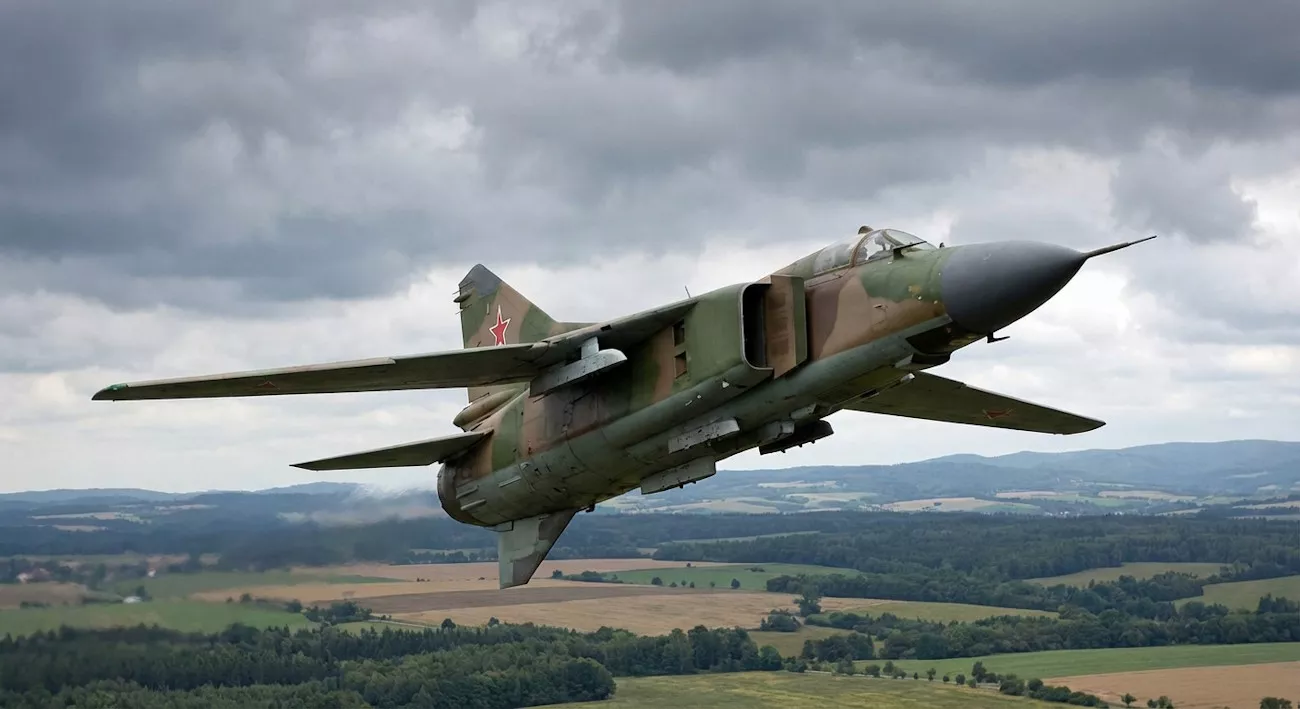 Samolot wojskowy w kamuflażu leci nad pagórkowatym terenem. Na jego ogonie widoczna jest czerwona gwiazda. W tle znajdują się pola, lasy i pochmurne niebo.