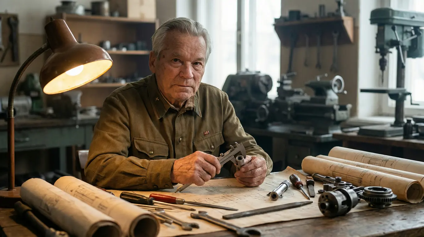 Starszy mężczyzna trzyma suwmik, analizując metalowy element. Siedzi przy stole w warsztacie, otoczony narzędziami i planami technicznymi, w świetle lampy.