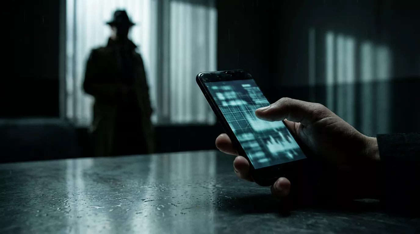 Telefon pokazuje rozmyty ekran, trzymany w dłoni osoby w ciemnym pomieszczeniu. W tle widoczna sylwetka postaci w kapeluszu stojącej przy oknie z żaluzjami.