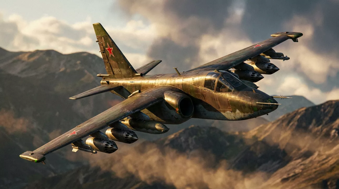 Samolot wojskowy z czerwonymi gwiazdami leci nad górzystym terenem w chmurach, ujęty z boku w locie, co podkreśla jego zbrojenie i aerodynamiczną sylwetkę.