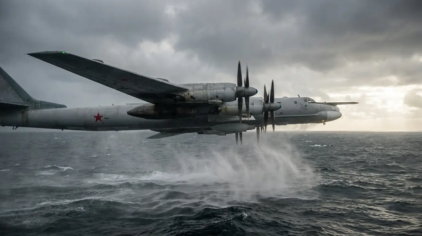 Samolot z charakterystyczną czerwoną gwiazdą na skrzydle leci nisko nad wzburzonym oceanem, unosząc wodę do góry. Niebo pokrywają ciemne chmury.