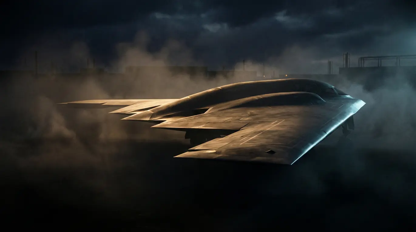 Samolot o futurystycznym kształcie stoi na płycie lotniska, spowity w gęstą mgłę, w nocy. Ciemne chmury tworzą tajemniczą atmosferę wokół maszyny.