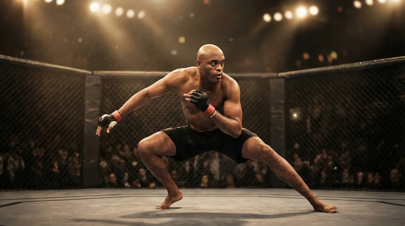 Zawodnik MMA w pozycji bojowej pochylony nisko, z zaciśniętymi pięściami, znajduje się w ringu otoczonym siatką, a w tle widoczni są kibice oraz światła reflektorów.