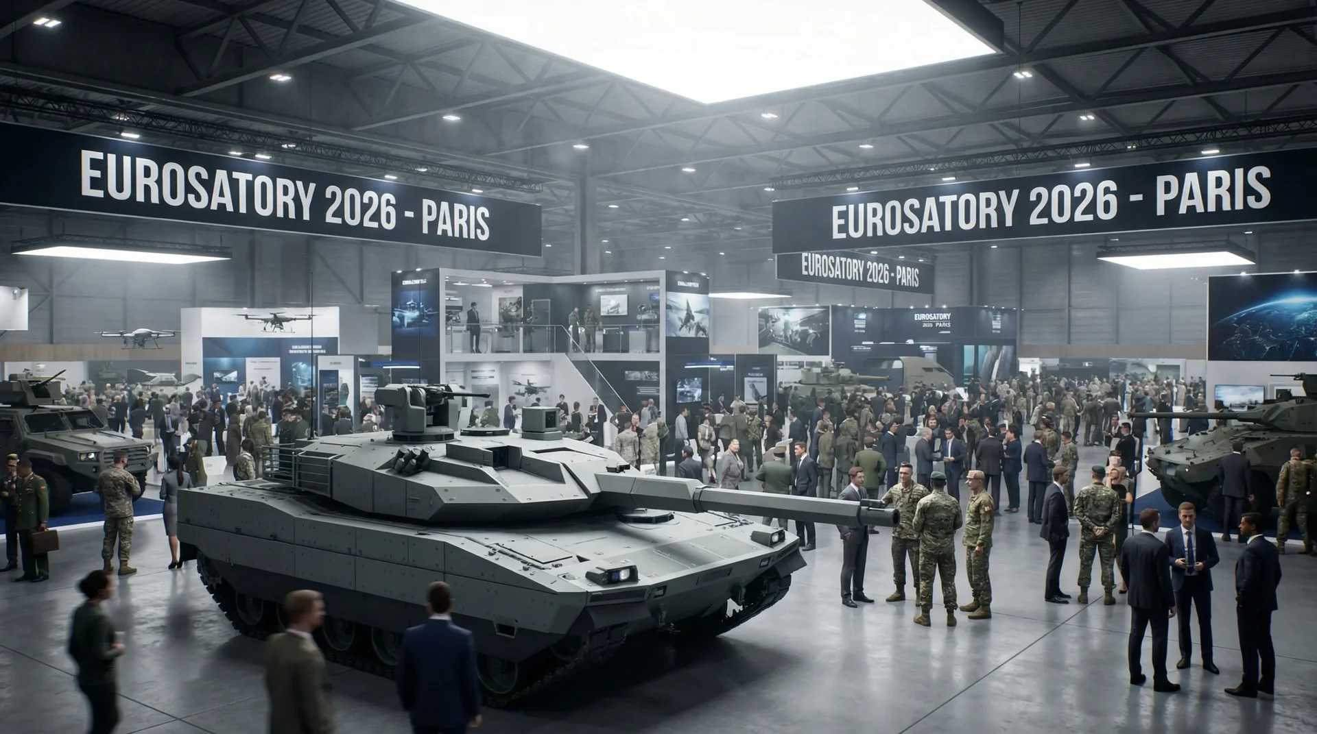 Czołg stoi nieruchomo, otoczony tłumem ludzi w mundurach i garniturach, w dużej hali wystawienniczej. Nad nimi wiszą banery z napisem "EUROSATORY 2026 - PARIS".