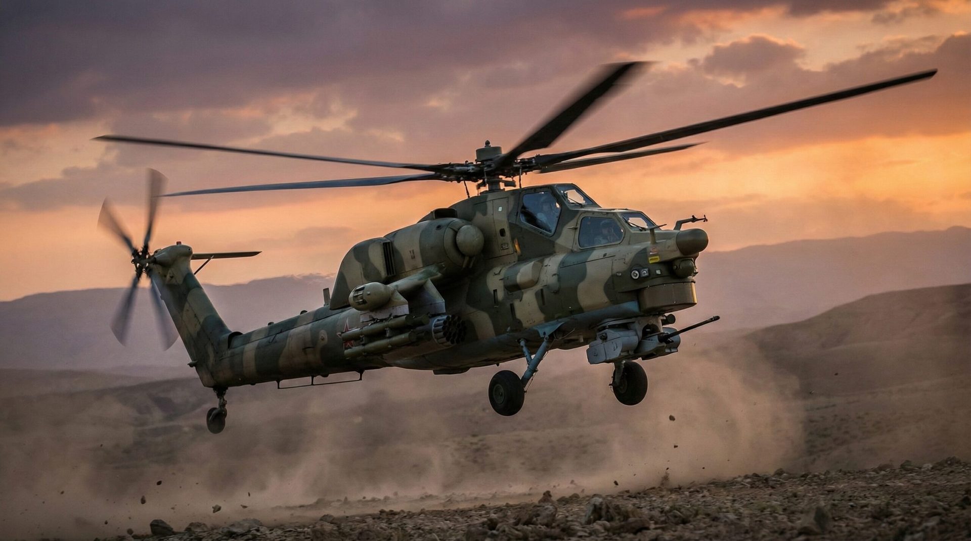 Śmigłowiec Mi-28 podczas operacji wojskowej na tle nieba.