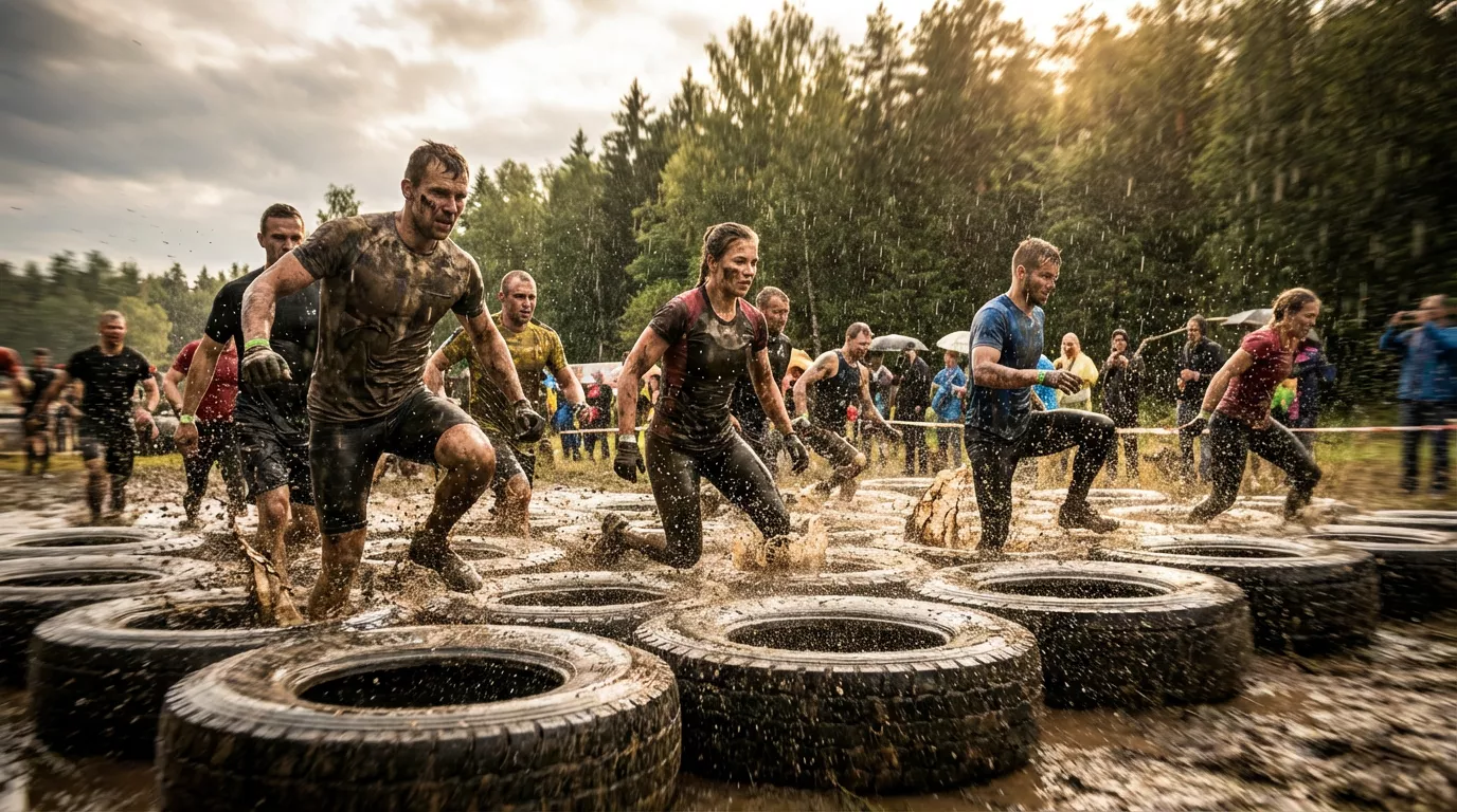 Ludzie uczestniczą w wyścigu błotnym, przeskakując opony leżące w wodzie. Tło stanowi las, a całość odbywa się w deszczu, co zwiększa trudność biegu.
