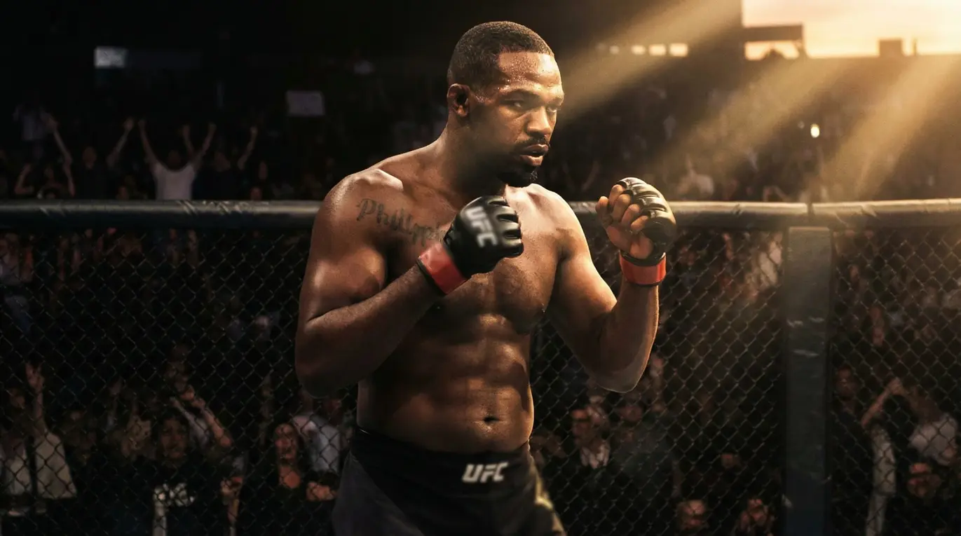 Zawodnik MMA w bojowej postawie stoi w oktagonie. Otaczają go dopingujący kibice w auli, przez którą prześwitują promienie światła. Na spodenkach widnieje napis "UFC".