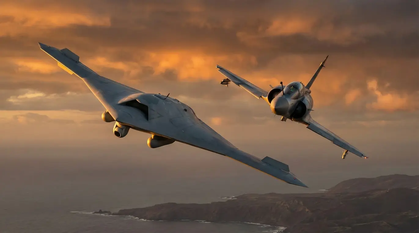 Dwa myśliwce lecą obok siebie na tle zachodzącego słońca. Samoloty unoszą się nad skalistym, przybrzeżnym krajobrazem, oświetlone ciepłym światłem pomarańczowych chmur.