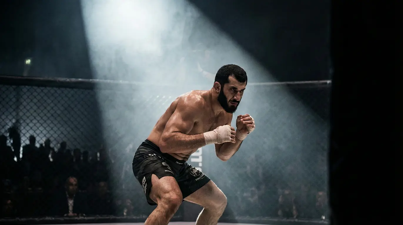 Zdjęcie Mameda Chalidowa w trakcie walki w oktagonie, z pełnym zaangażowaniem na twarzy.