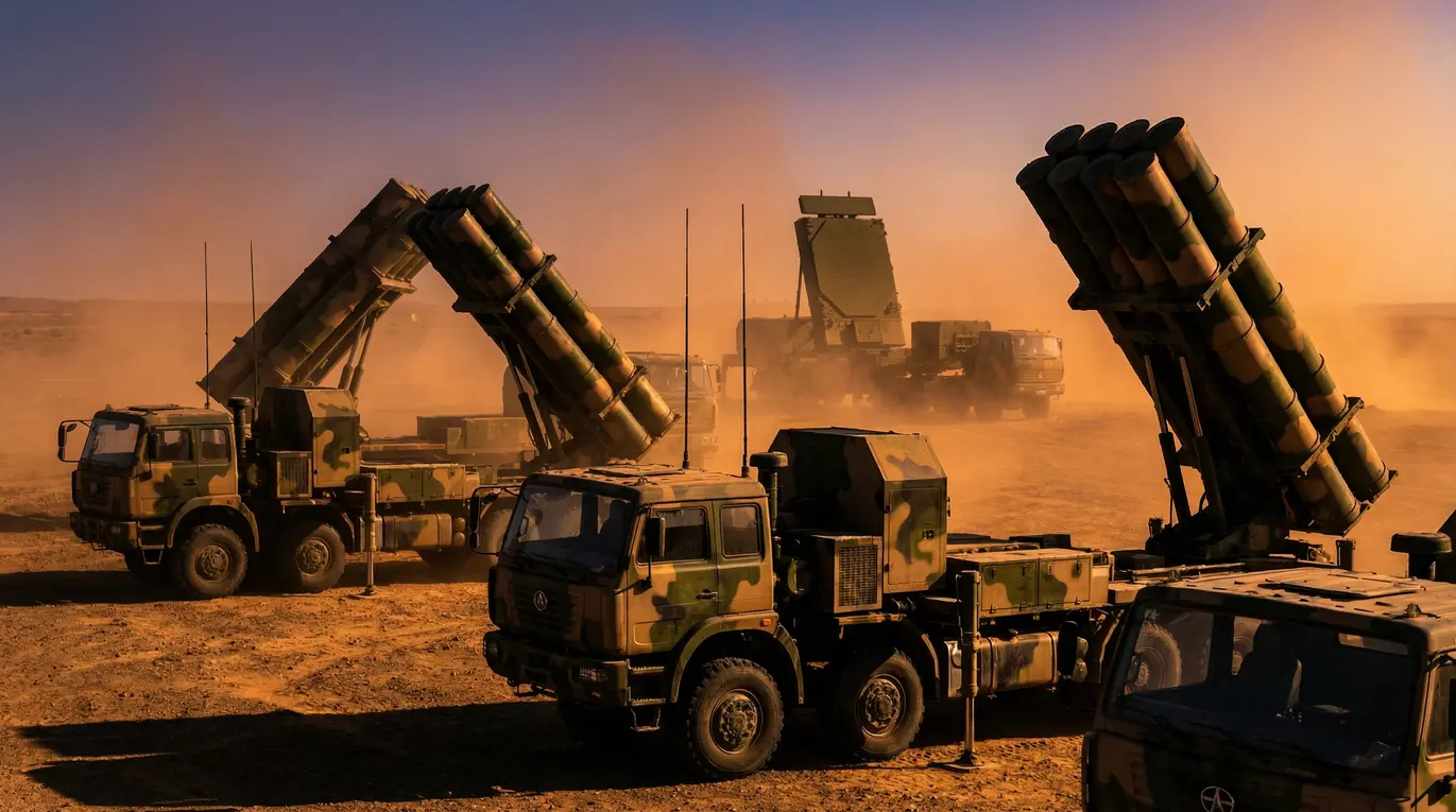 Ciężarówki wojskowe z zamontowanymi wyrzutniami rakiet stoją nieruchomo na pustynnym terenie, otoczone unoszącym się pyłem pod złotym niebem.