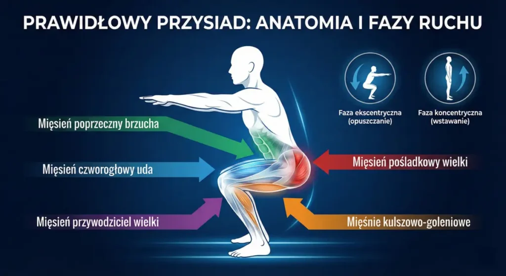 Grafika przedstawiająca anatomię i fazy ruchu podczas prawidłowego przysiadu.
