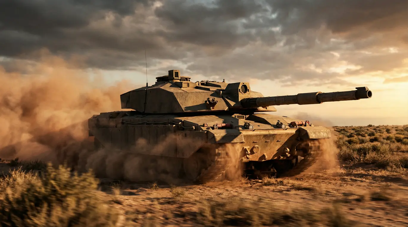 Czołg bojowy Challenger 1 w scenerii bojowej, z widocznym działem 120 mm.