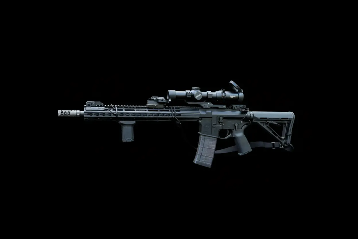 Karabin z celownikiem o regulowanej kolbie leży w poziomie na czarnym tle, prezentując szczegóły konstrukcji i wykończenia.