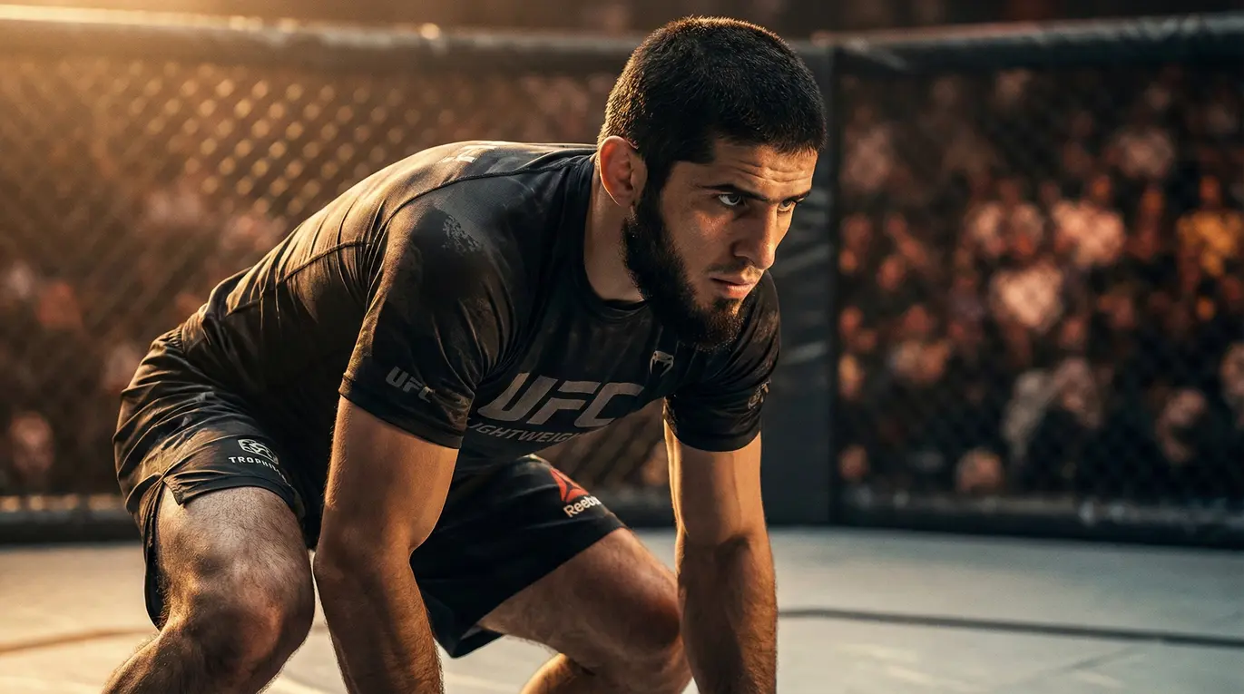 Islam Makhachev, zawodnik MMA, pozujący na oktagonie UFC