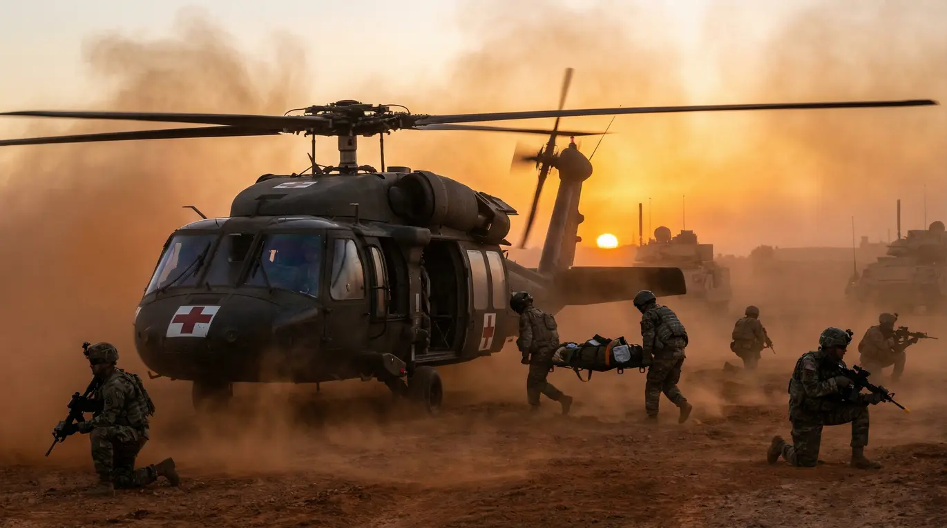 Śmigłowiec medyczny MEDEVAC z ratownikami i pacjentem