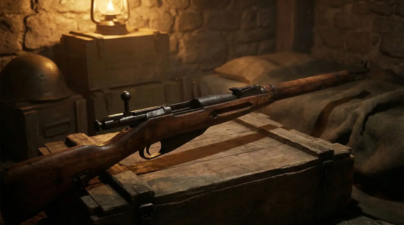 Karabin leży na drewnianej skrzyni w oświetlonym lampą naftową pomieszczeniu z kamiennymi ścianami. W tle widoczne są metalowy hełm i worki.