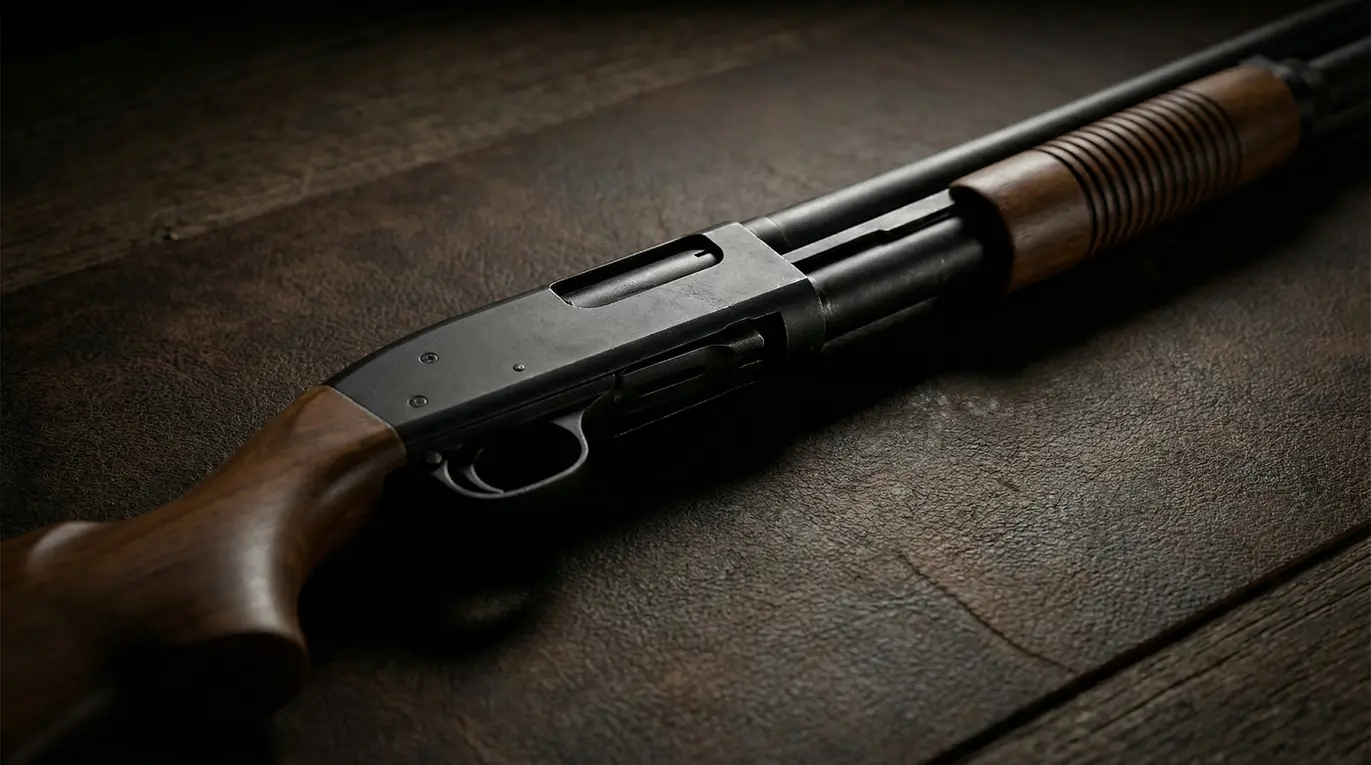 Zdjęcie Mossberg 500 z bliska, ukazujące szczegóły wykończenia.