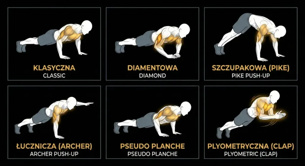 Grafika przedstawiająca sześć różnych wariantów pompek wraz z zaznaczonymi partiami pracujących mięśni.